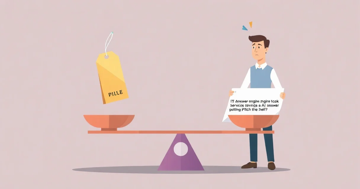 Illustration weighing the value of answer-engine-optimization services on a balance scale