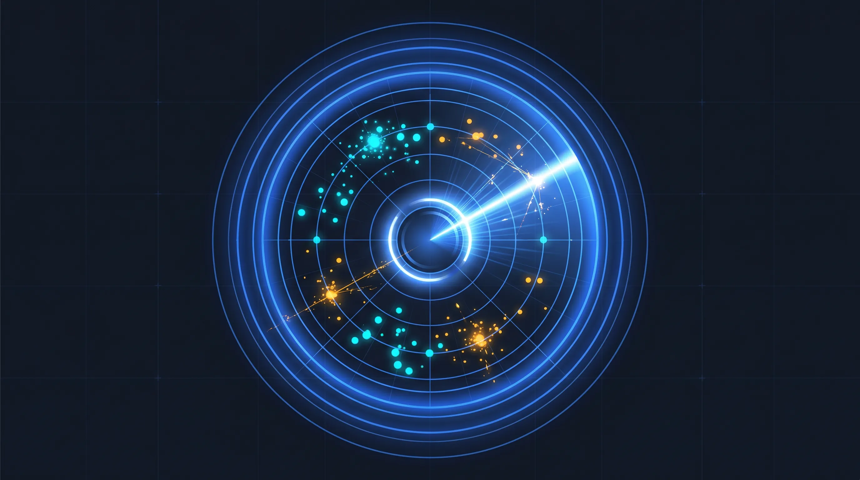 An AI visibility radar dashboard of concentric cobalt rings with cyan and amber data points