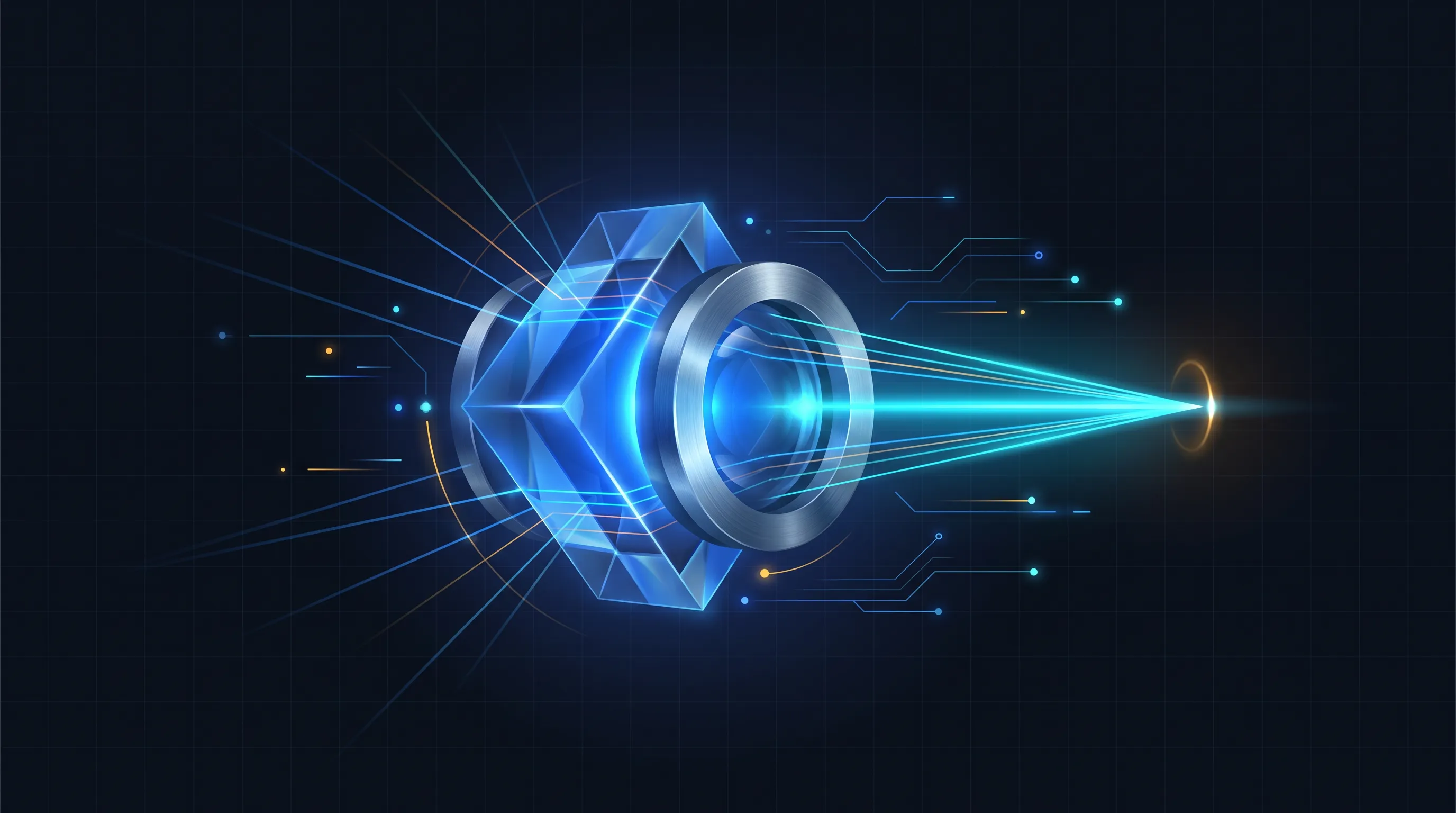 A glowing cobalt prism focusing scattered light into a single cyan beam of generative search visibility